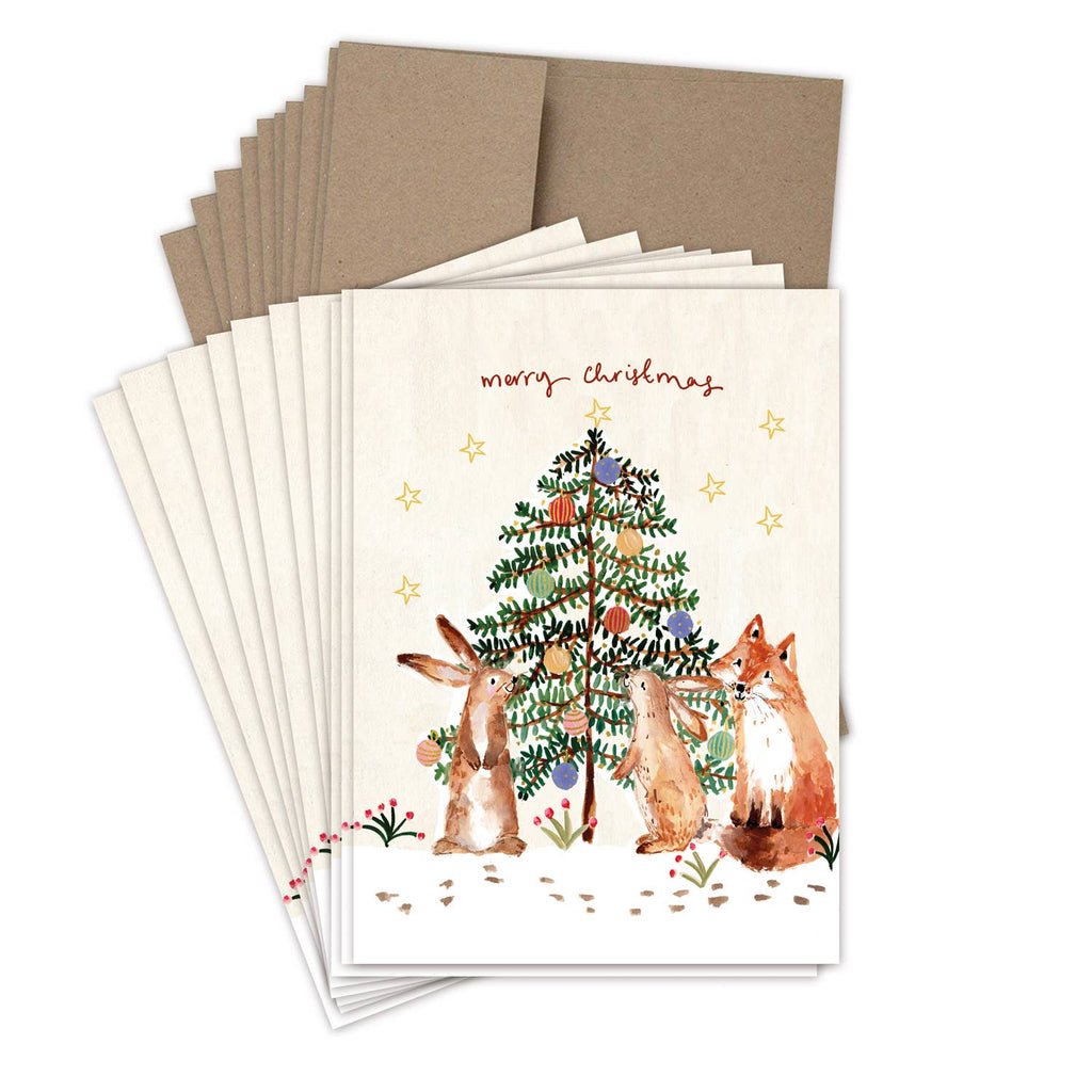 Bunnies & Fox Christmas Tree Boxed Holiday Cards - Set of 10