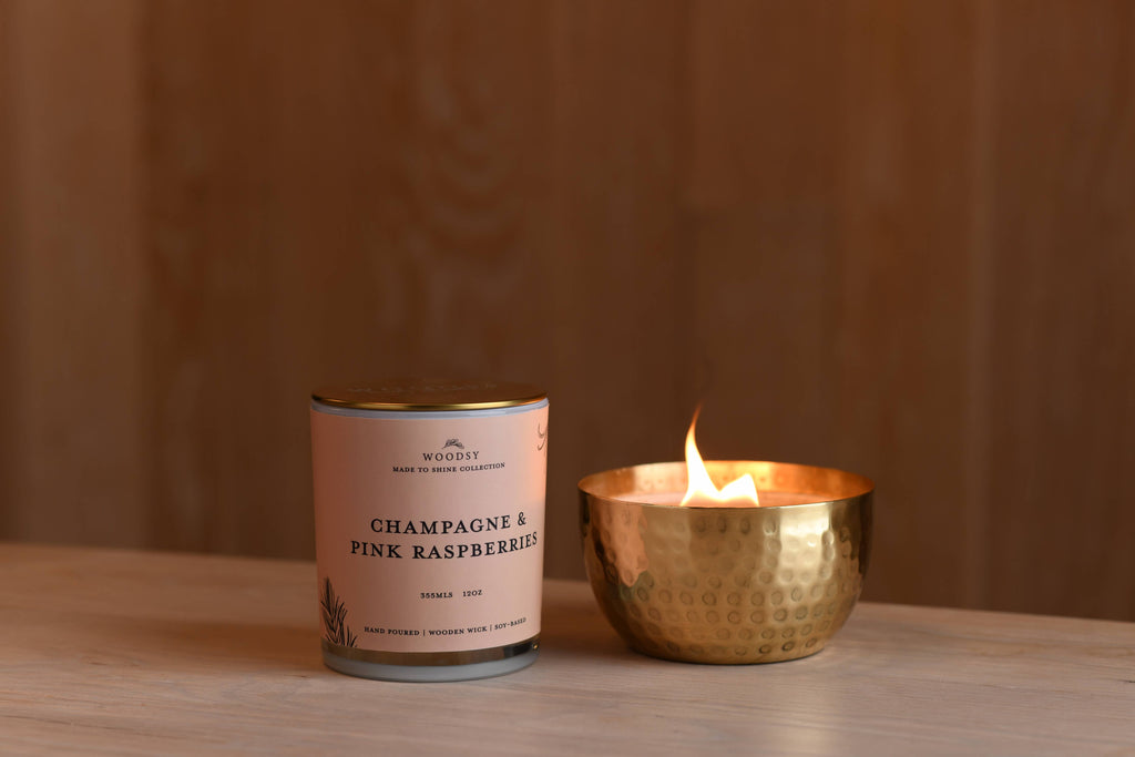 Champagne & Pink Raspberries-Solid Brass14oz Pure Soy Candle