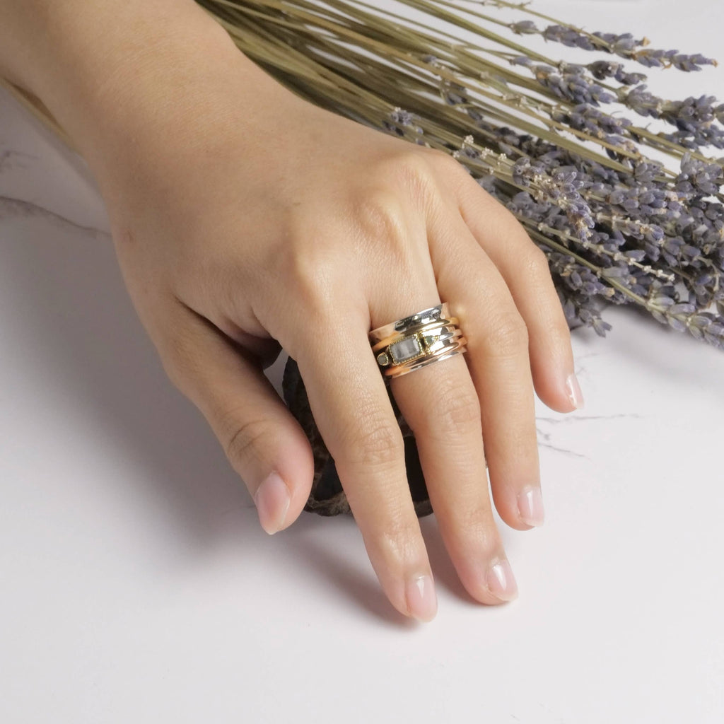 Sterling Silver Moonstone Emerald Spinner Ring