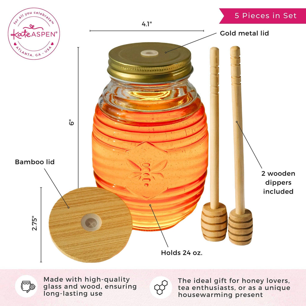 Glass Bee Honey Jar and Dipper Set (2 Lids and Dippers)