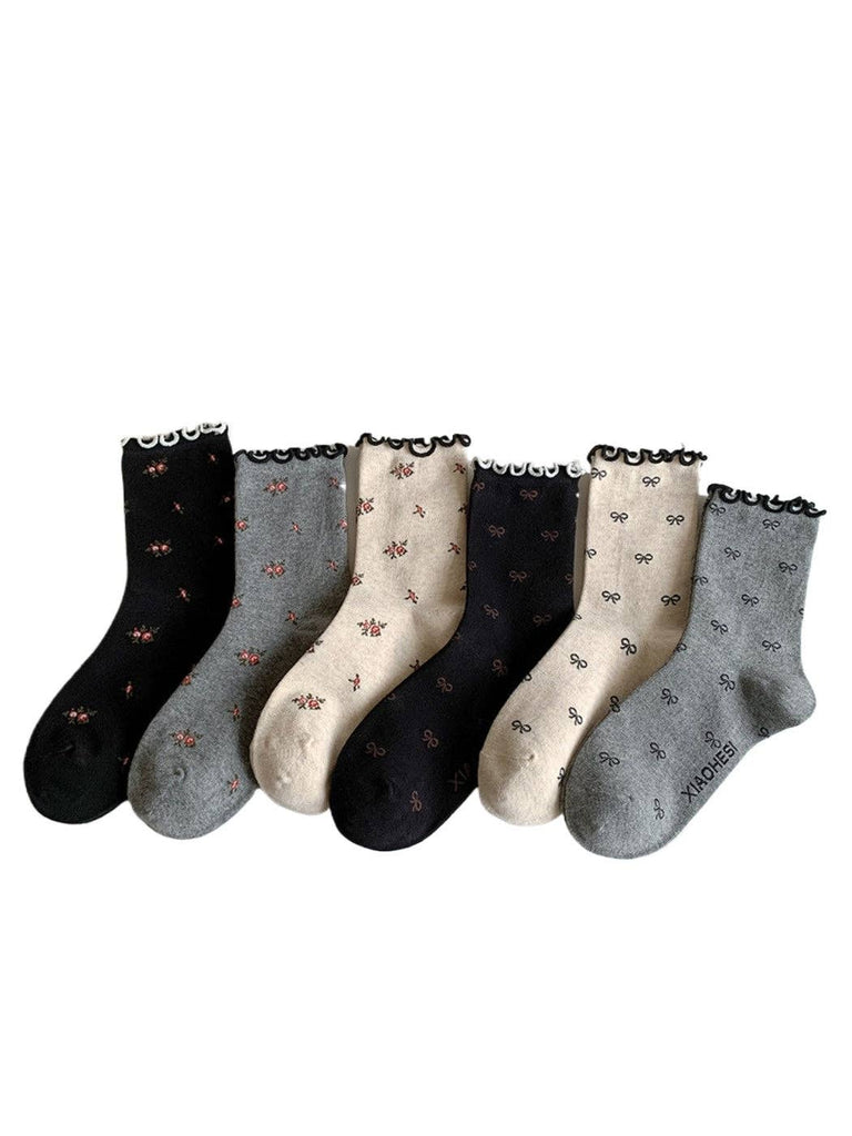 Rufia - Women's Rolled Cuff Socks with Bow & Floral Pattern