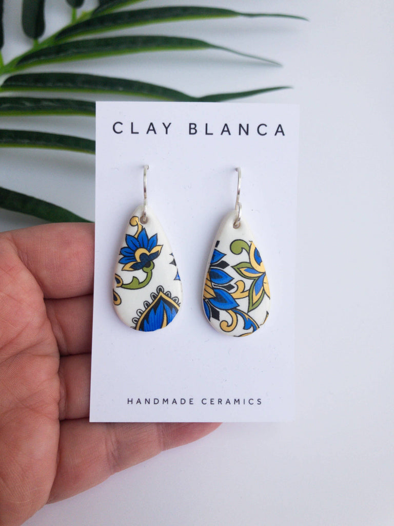 Tear Drop Porcelain Dangle Earrings With Paisley Design