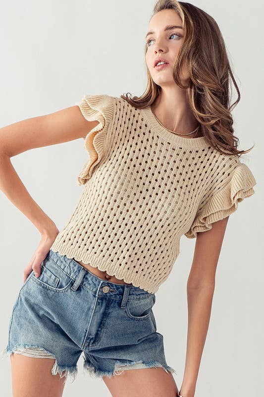 OPEN KNIT CROCHET SWEATER TOP: TAN / S-M-L:2-2-2