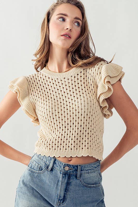 OPEN KNIT CROCHET SWEATER TOP: TAN / S-M-L:2-2-2