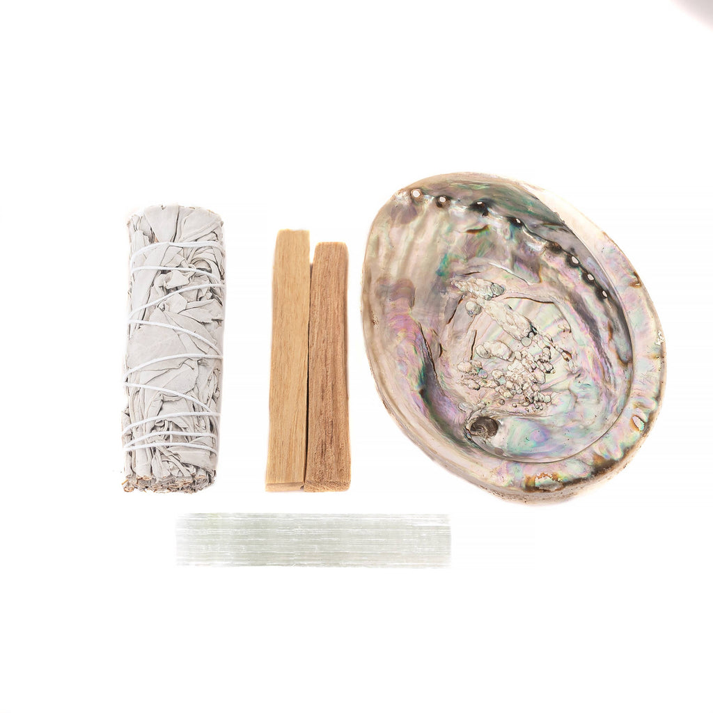 Selenite, Sage, Palo Santo Cleansing Kit with Abalone Shell