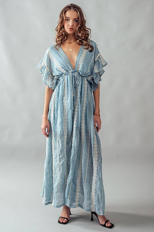 DEEP V NECK LACE EMBROIDERY MAXI DRESS