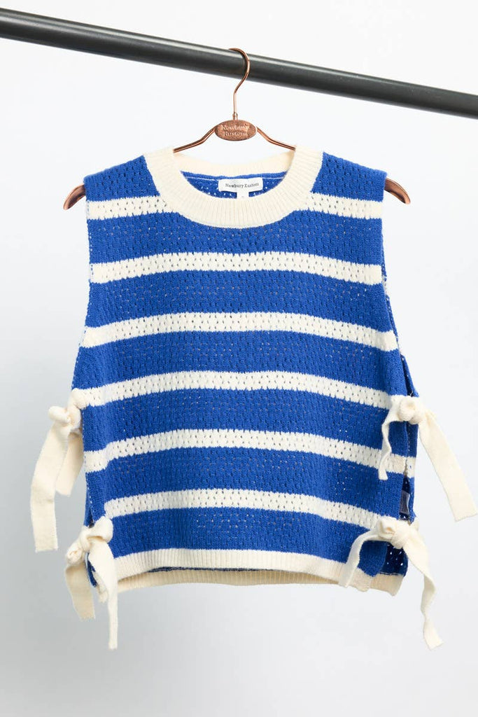 11297-Striped Knit Vest with Side Ribbon Detail