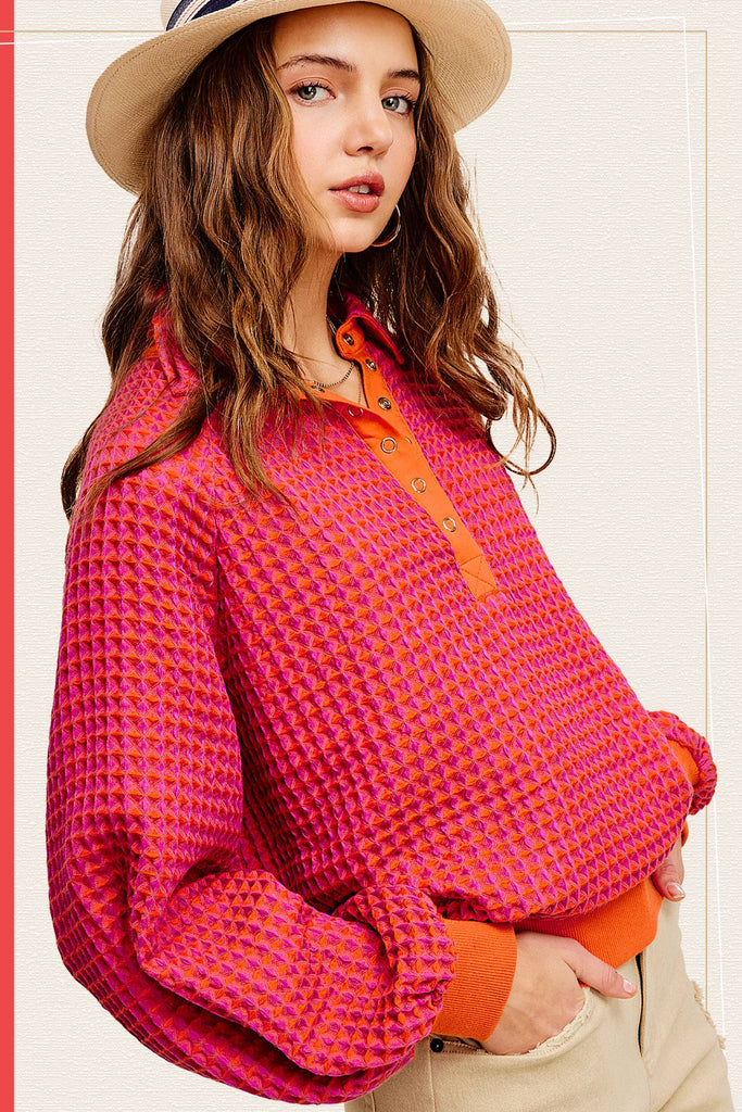 Unique Two Tone Textured Snap Button Front Top