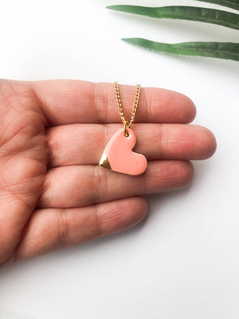 Peachy Pink Heart Necklace On Gold Plated Chain