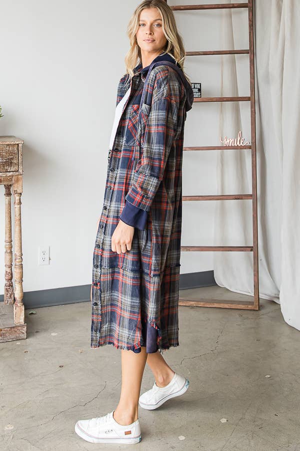MINERAL WASHED PLAID BUTTON DOWN LONG HOODIE: WASHED NAVY /