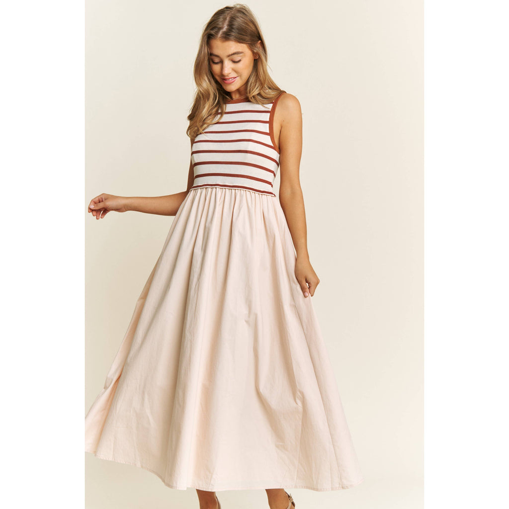 Cotton Maxi Dress with Knit Stripe Top with Rib Bands Cotton Maxi Dress with Knit Stripe Top with Rib Bands