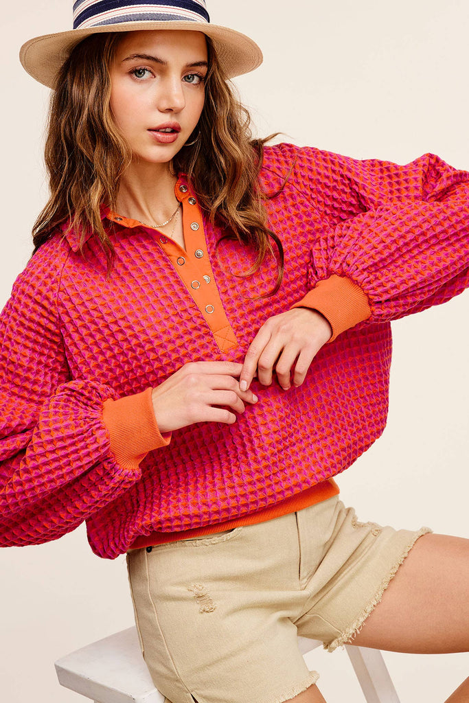 Unique Two Tone Textured Snap Button Front Top