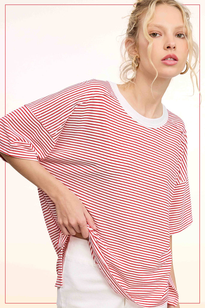 Red Striped Drop Shoulder Short Sleeves Top