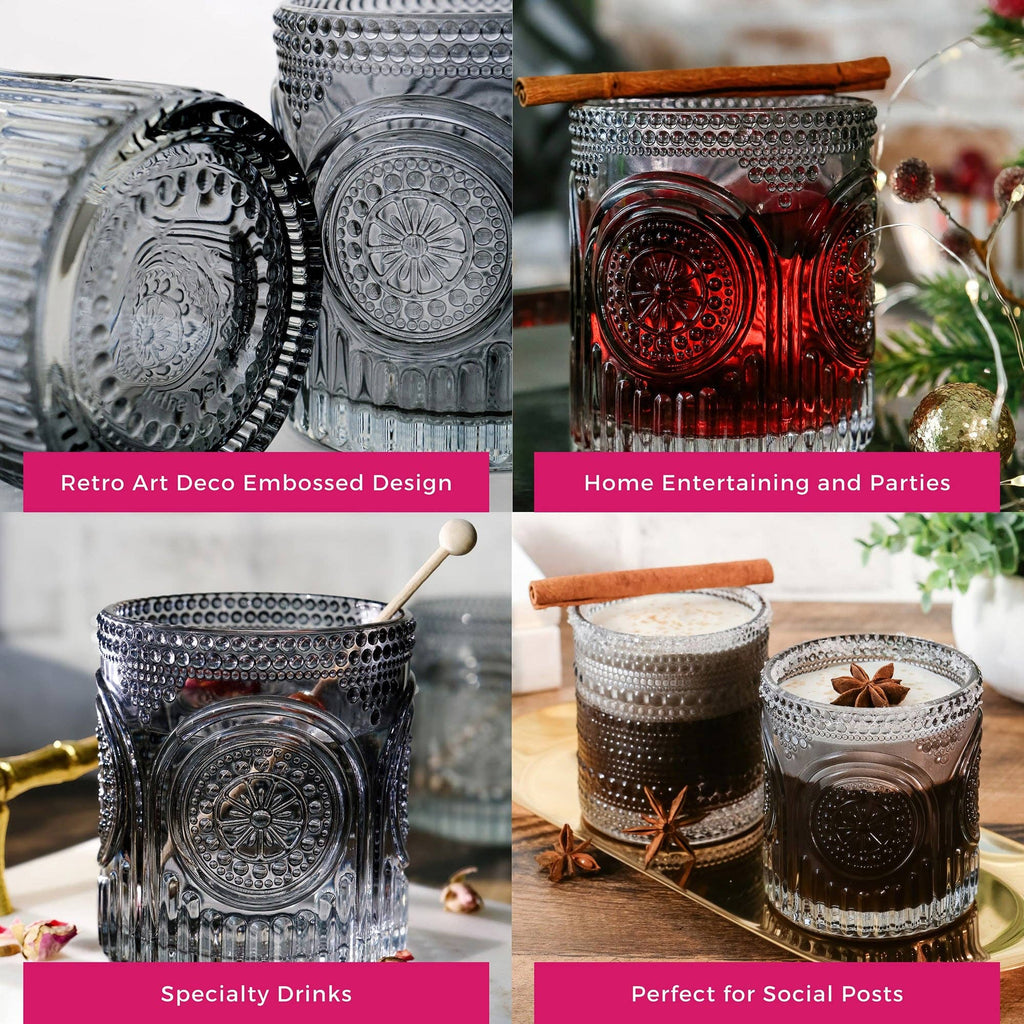 10 oz. Ribbed Retro Arch Floral Smoke Grey Drinking Glasses