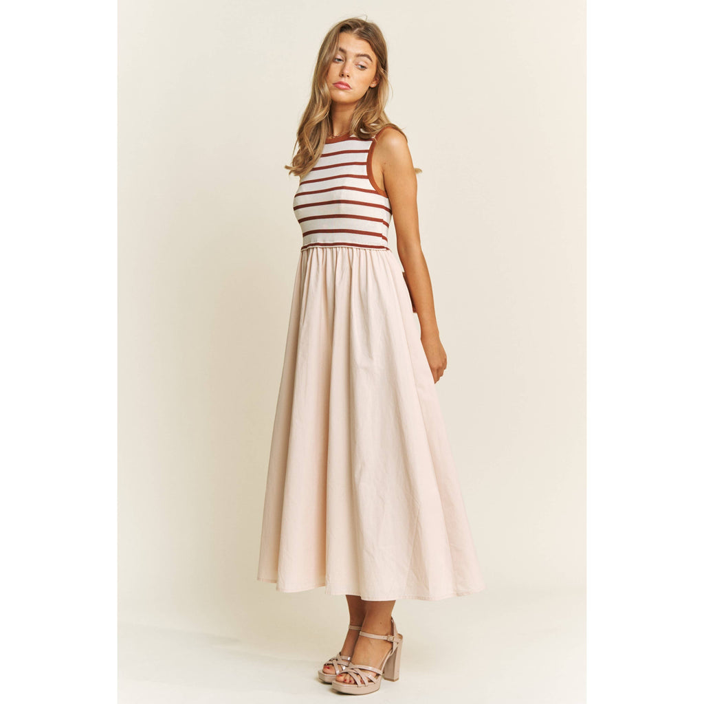Cotton Maxi Dress with Knit Stripe Top with Rib Bands