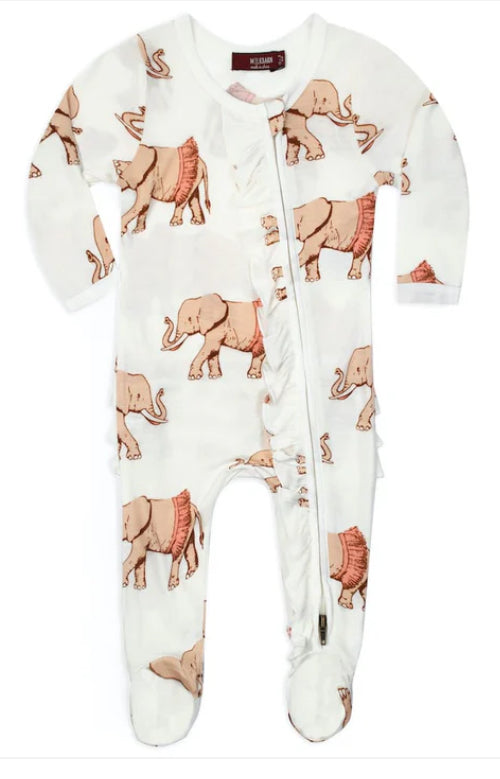 Tutu Elephant Bamboo Ruffle Zipper Footed Romper