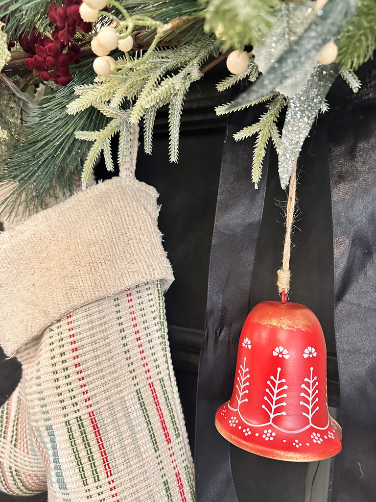 Hand-Painted Metal Bell Ornament with Botanical Design