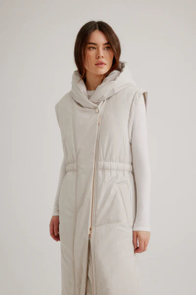 Nikki Jones Asymmetric Zip Front Coat with Elasticized Waist, Side Slit Hem and Detachable Sleeves