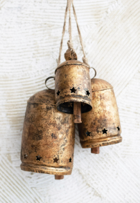 Metal Bell on Jute Rope with Star Cut-Outs, Heavily Distressed Antique Gold Finish