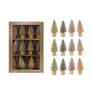 1" Round x 2-1/2"H Sisal Bottle Brush Trees w/ Faux Sugar & Wood Bases, Boxed Set of 12