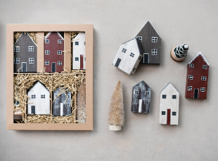 Hand-Painted Pine Wood House Village, Set of 7