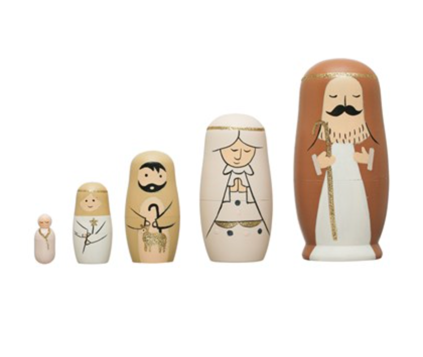 1-1/4"H - 5-1/2"H Hand-Painted Wood Nativity Nesting Dolls, Multi Color, Set of 5