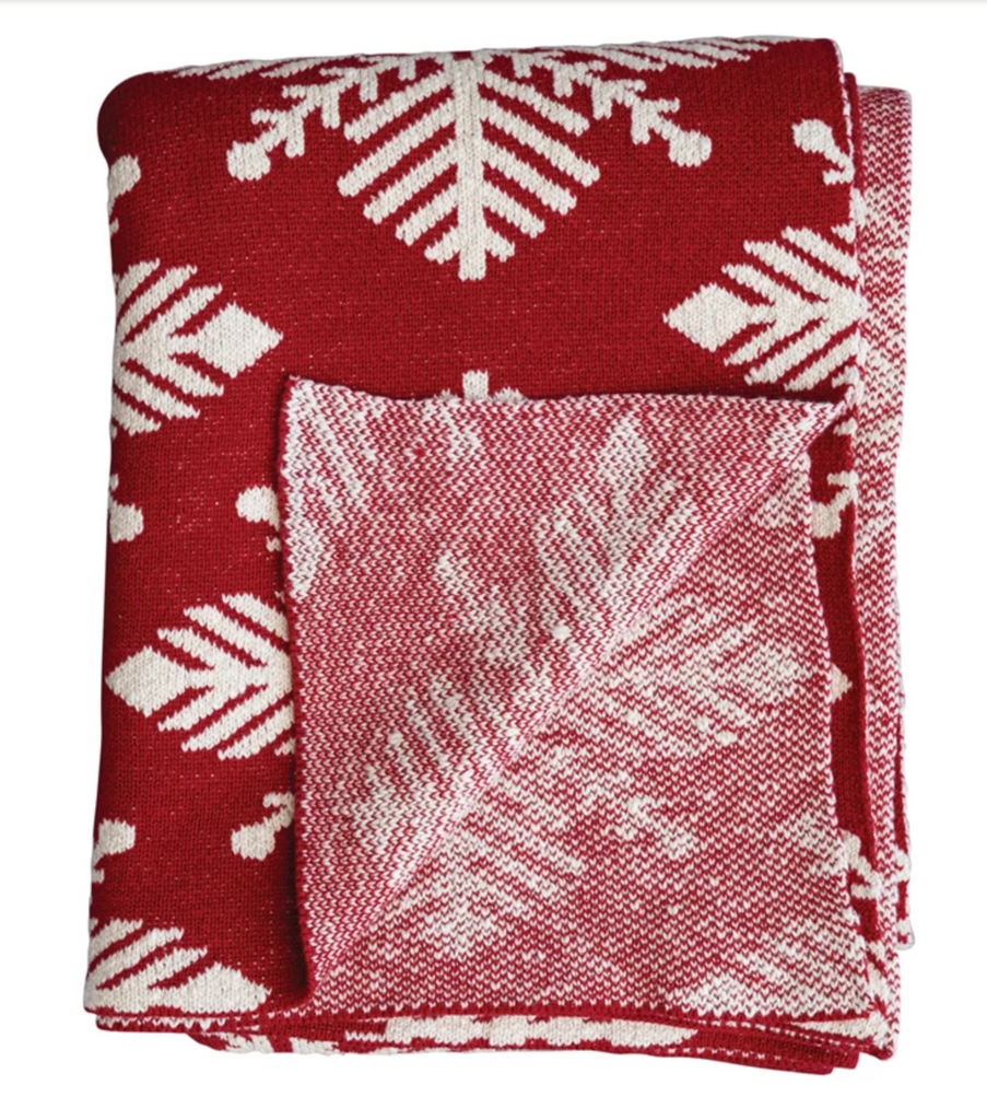 60"L x 50"W Two-Sided Cotton Knit Slub Throw w/ Snowflake Pattern, Red & White
