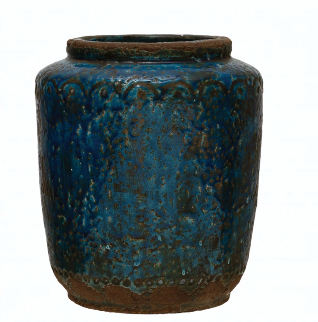 Debossed Terra-cotta Vase, Distressed Blue Finish pot