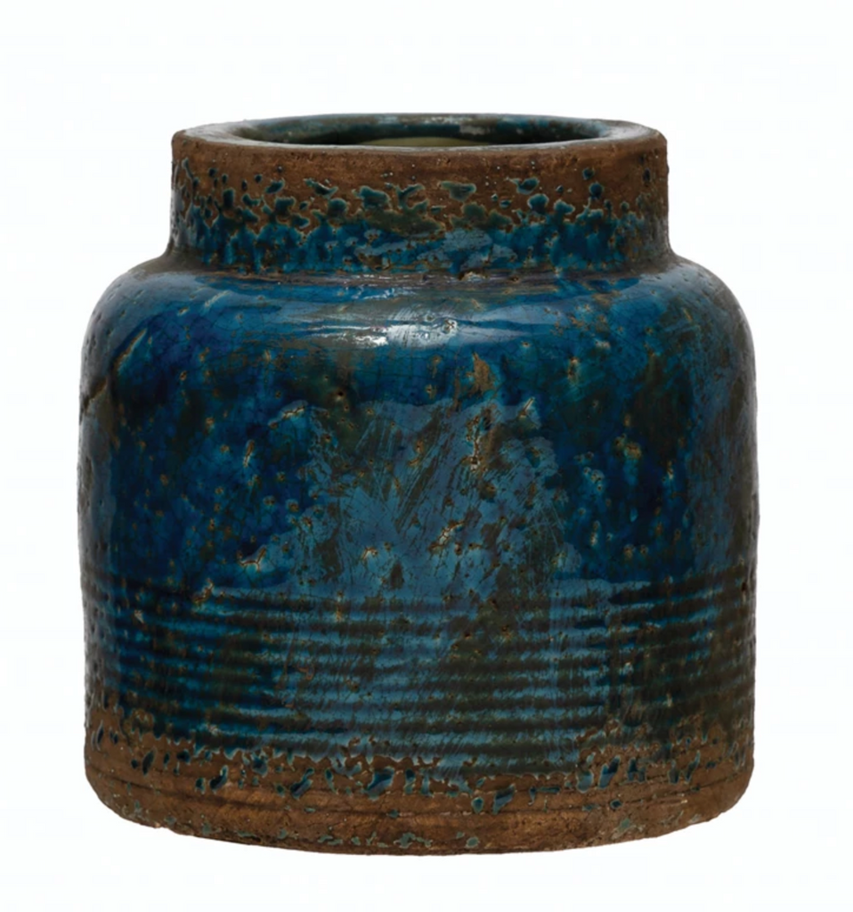 Debossed Terra-cotta Vase, Distressed Blue Finish