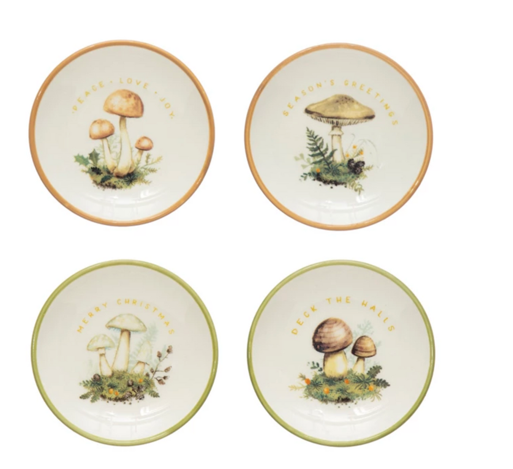 Stoneware Dish with Mushroom Image, Holiday Greeting and Gold Electroplating, 4 Styles