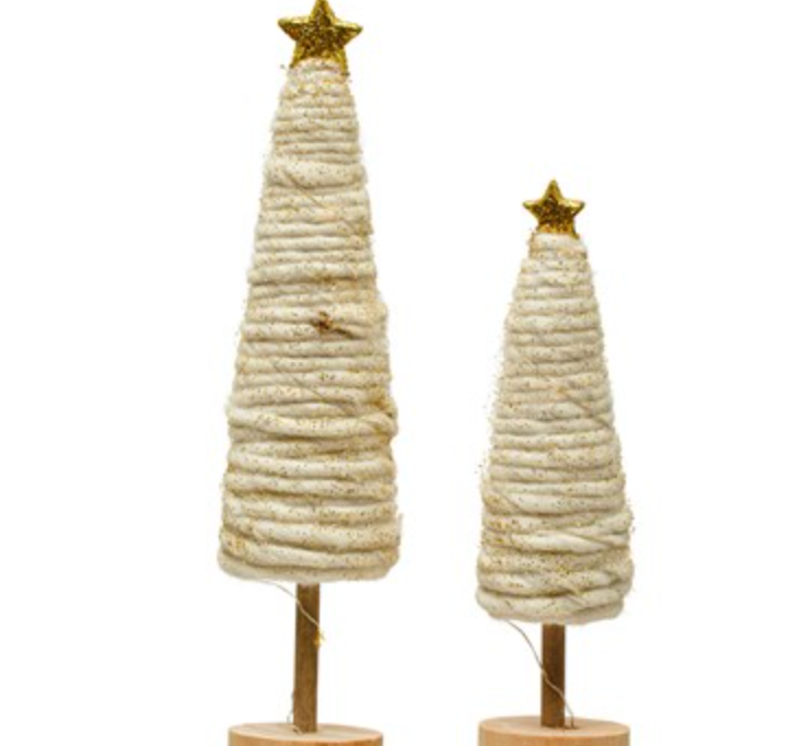 Wool Tree w/ 6 LED Lights, Gold Star & Wood Base, Cream Color (Batteries Included)