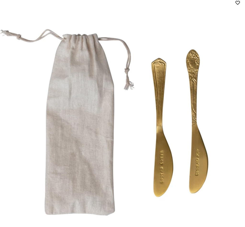6"L Brass Canapé Knives "Spread Cheer/Spread Joy", Set of 2 in Printed Drawstring Bag