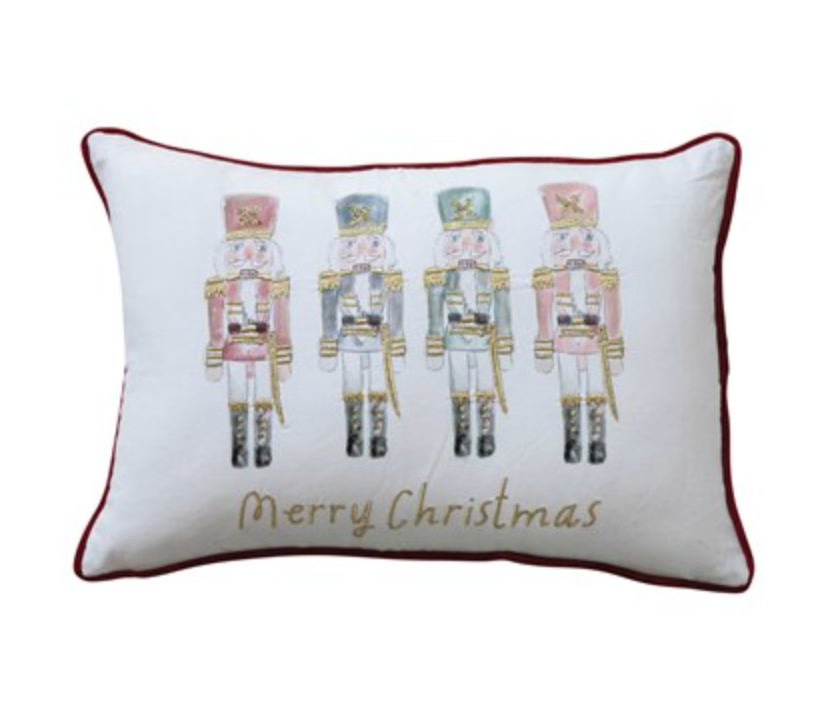 24"L x 16"H Cotton Lumbar Pillow w/ Nutcrackers, Embroidery & Burgundy Velvet Piping & Back