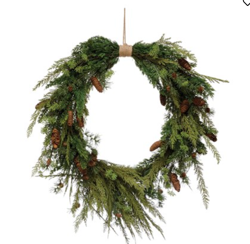 Faux Pine Wreath with Pinecones and Jute Hanger