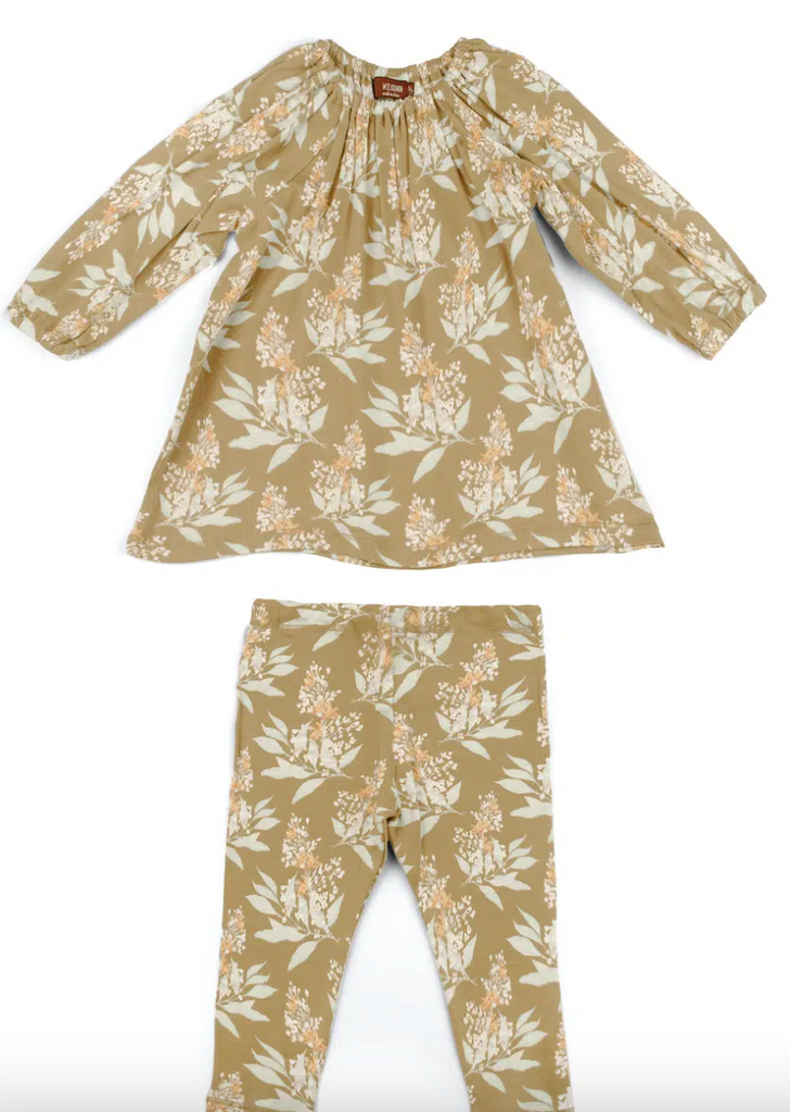 Gold Floral Organic Cotton Long Sleeve Dress & Legging Set