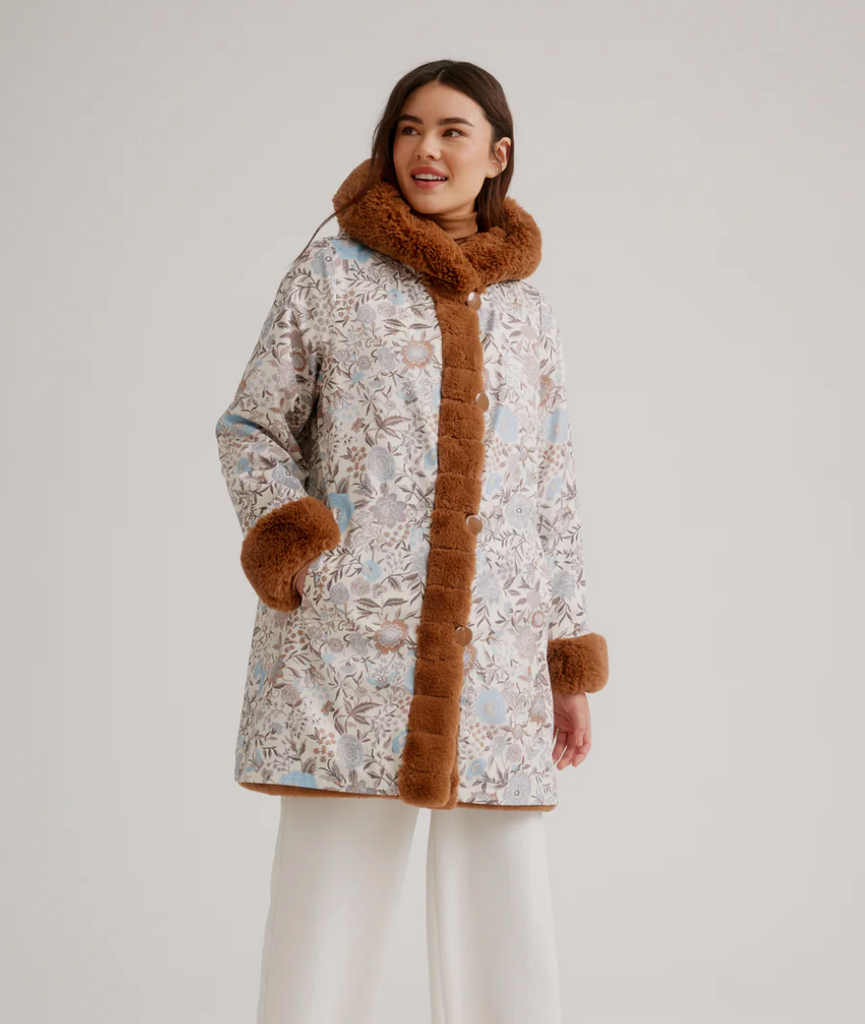 Nikki Jones Faux Fur Coat with Fixed Hood and Button Front