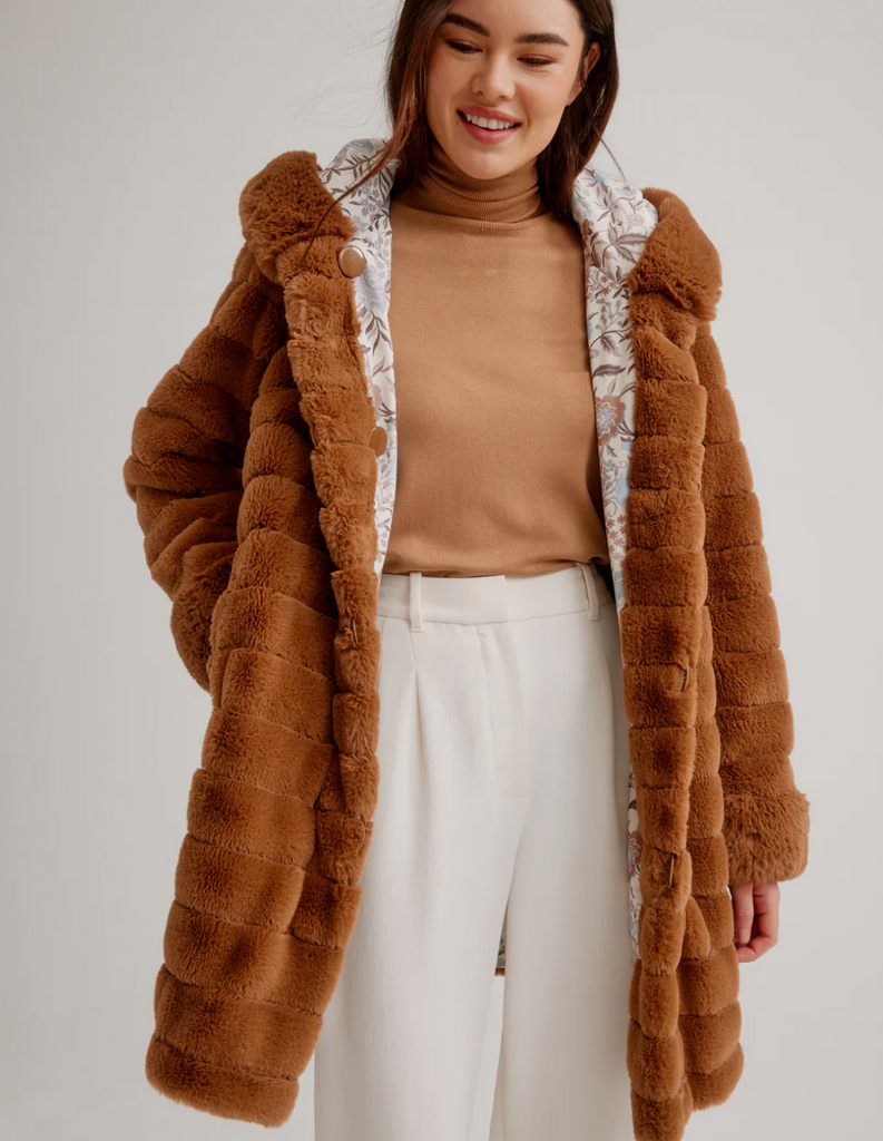 Nikki Jones Faux Fur Coat with Fixed Hood and Button Front