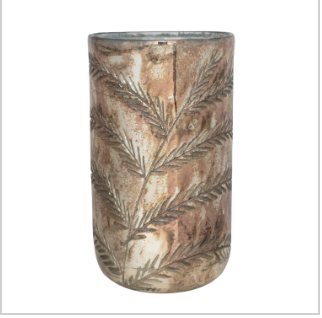6" Round x 10-1/2"H Etched Mercury Glass Hurricane/Vase, Antique Silver Finish