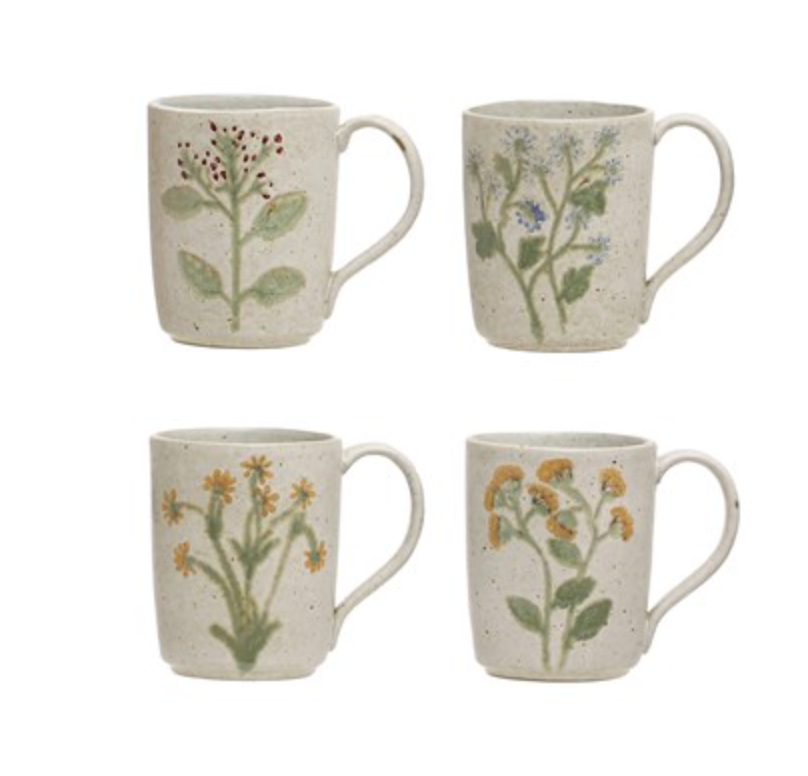 12 oz. Hand-Painted Stoneware Mug w/ Botanicals, 4 Styles (Each One Will Vary)