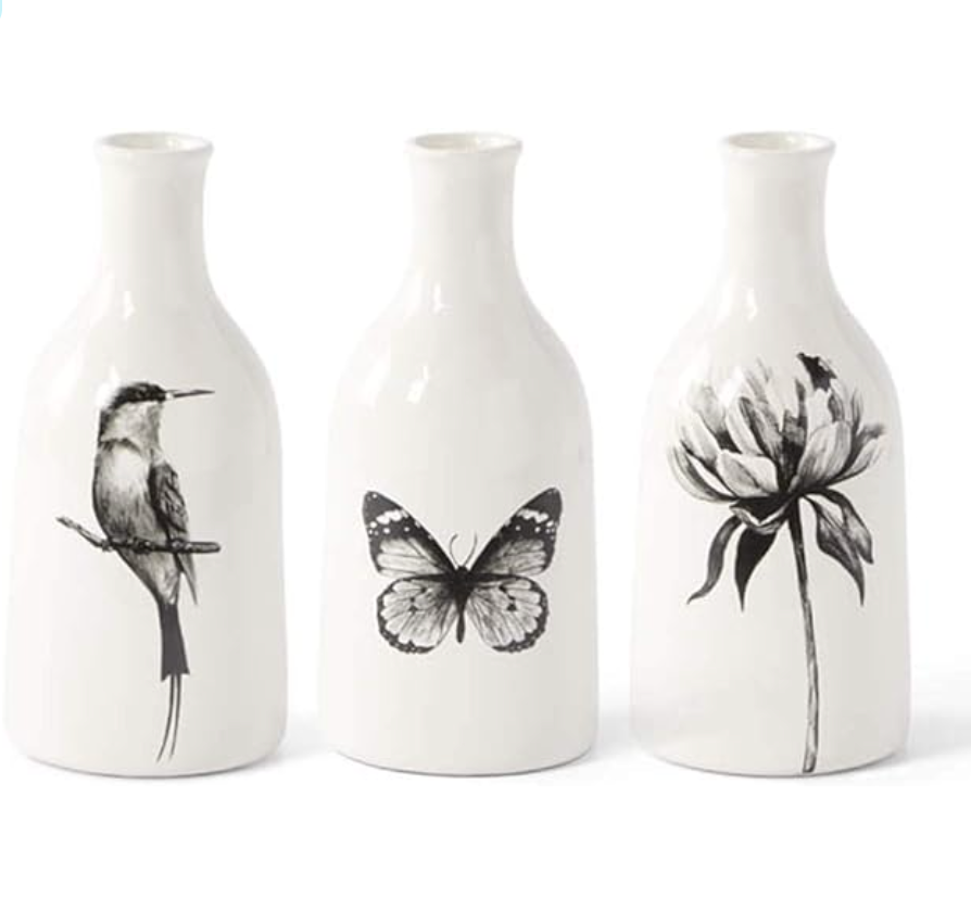 White Ceramic Bottles With Black Bird Butterfly And Flower Dec
