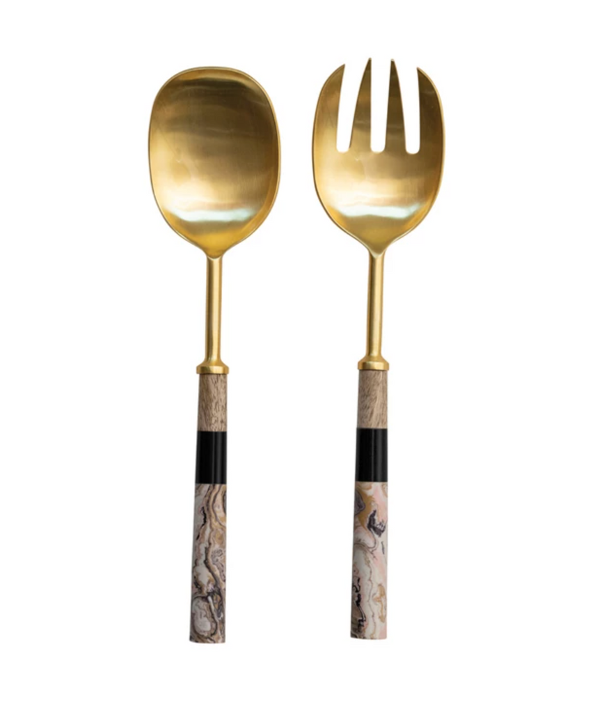 Stainless Steel Salad Servers w/ Marbled Resin & Mango Wood Handles set 2