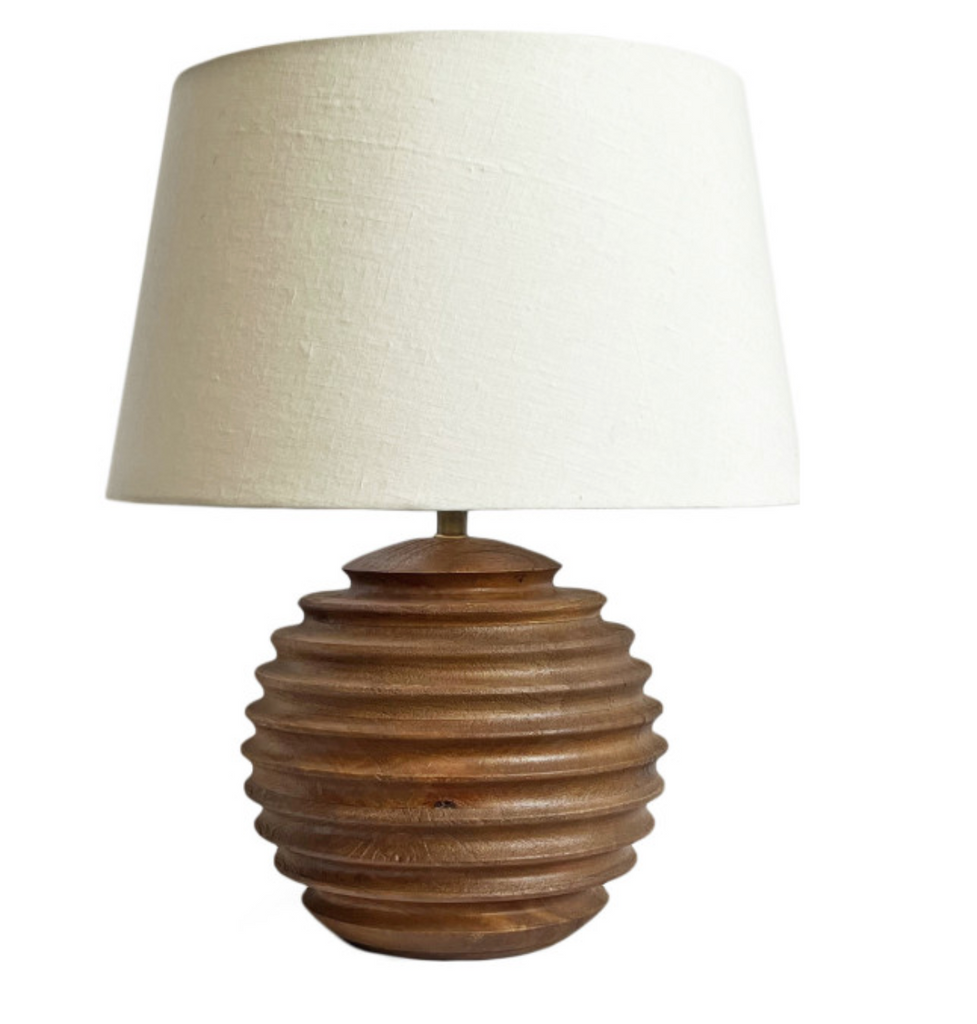 Light Mango Wood Ribbed Round Lamp w/Shade