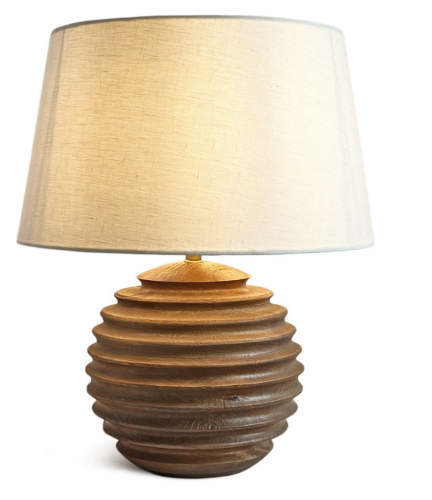 Light Mango Wood Ribbed Round Lamp w/Shade