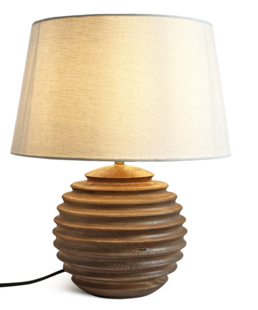 Light Mango Wood Ribbed Round Lamp w/Shade