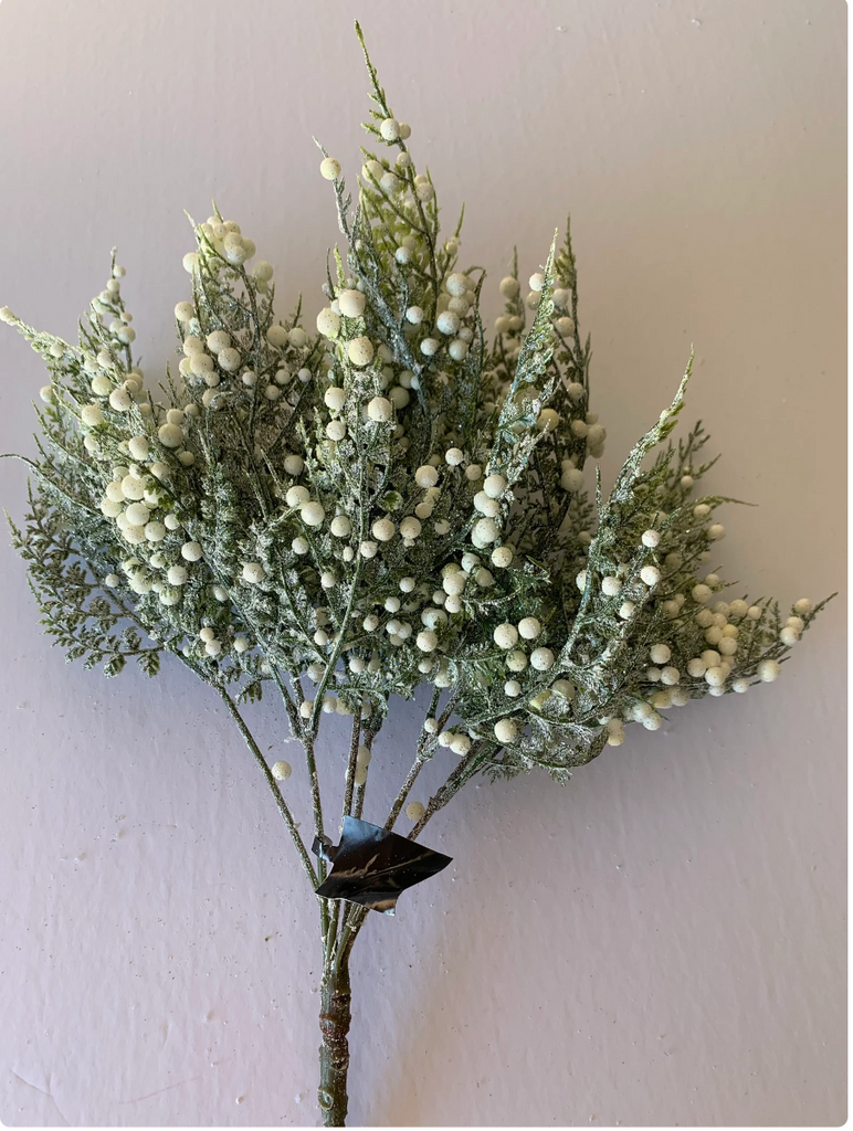 13 Inch Glittered Snowy Fern Bush w/Mini White Berries