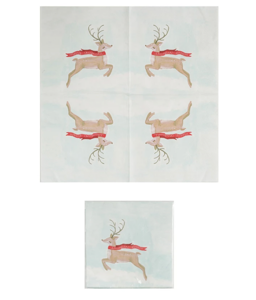 Paper Napkins w/ Reindeer in Scarf "Merry Christmas" (Contains 50 Folded Pieces)