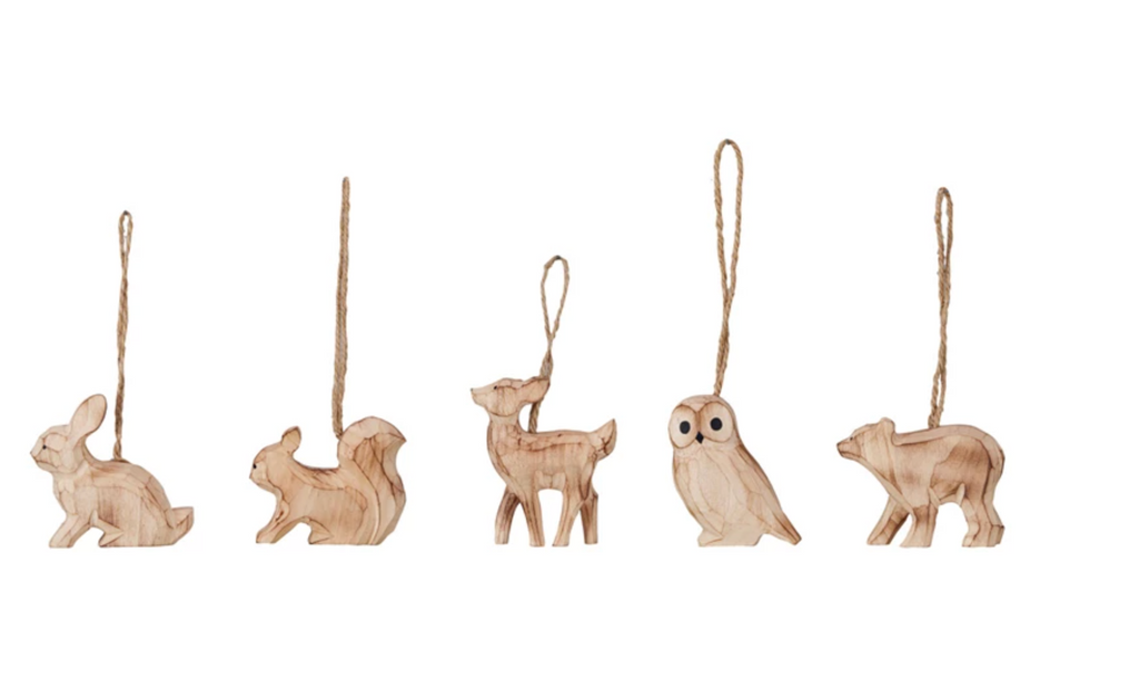 Hand-Carved Wood Forest Animal Ornament, Natural, 5 Styles