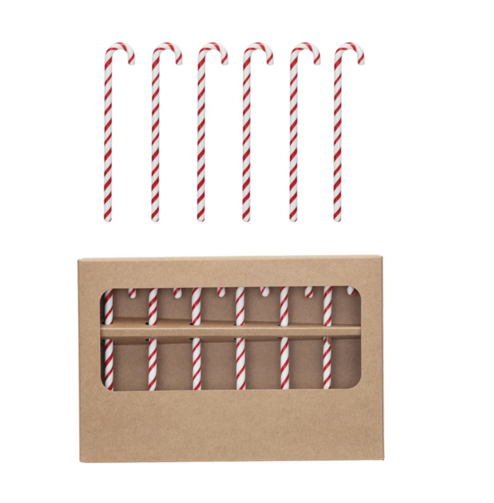 Glass Candy Cane Shaped Stir Sticks Boxed Set of 6