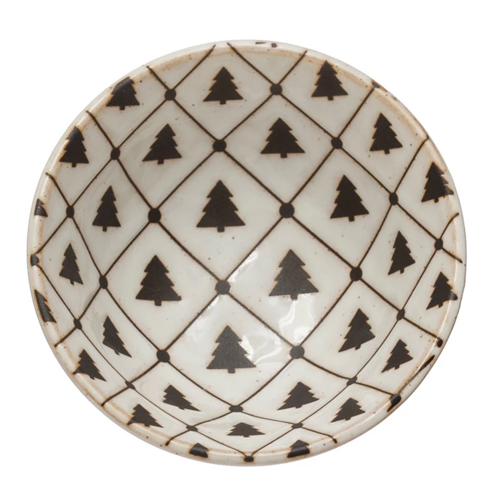 Stoneware Dish with Tree Pattern, Reactive Glaze