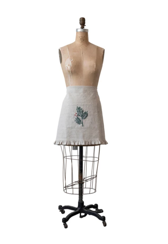 Woven Cotton & Linen Half Apron w/ French Knots, Pocket & Ruffle